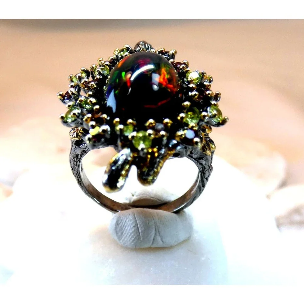 Natural Large 6 CT Black Opal-Rubies-Emeralds Sterling Silver Ring Size 7.75